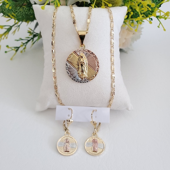 Jewelry - Tri Color Lady of Guadalupe Gold Plated  Necklace and Earrings